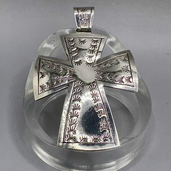 Hand Stamped Mexican Cross Pendant Large Sterling Silver Mexico 925 Statement